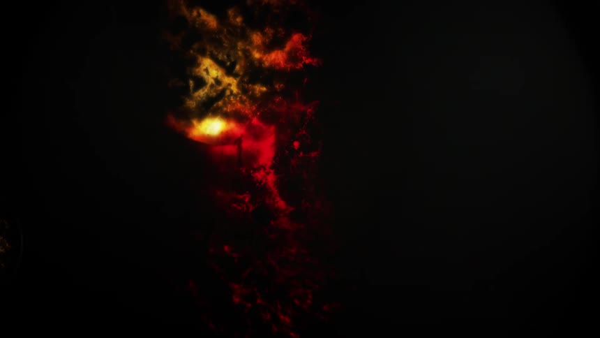 Glowing orange circle pops and merges into red and orange textured background in center of blackness