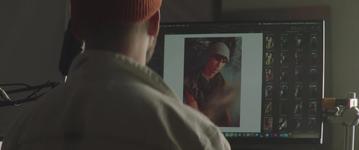 Photographer editing pictures on a computer inside a dimly lit studio