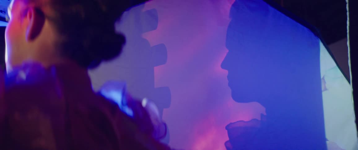 The silhouette of a female model is cast on a screen as a camera flashes