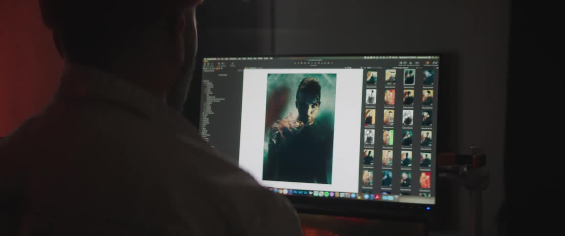 A man in a room with a hat in front of a computer screen with a wall in the background
