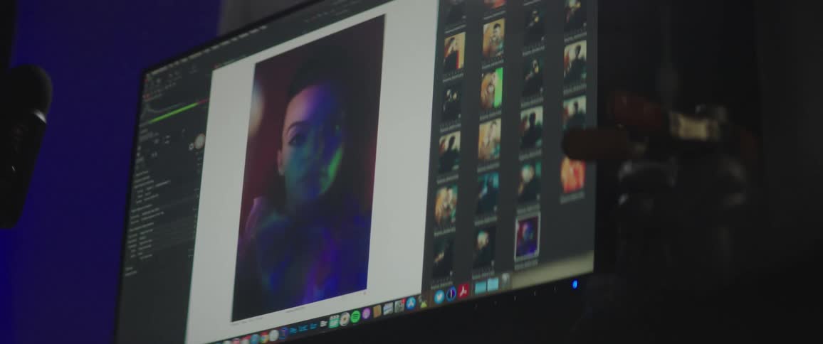 Photographic images are added to screen display as camera flashes in photography studio
