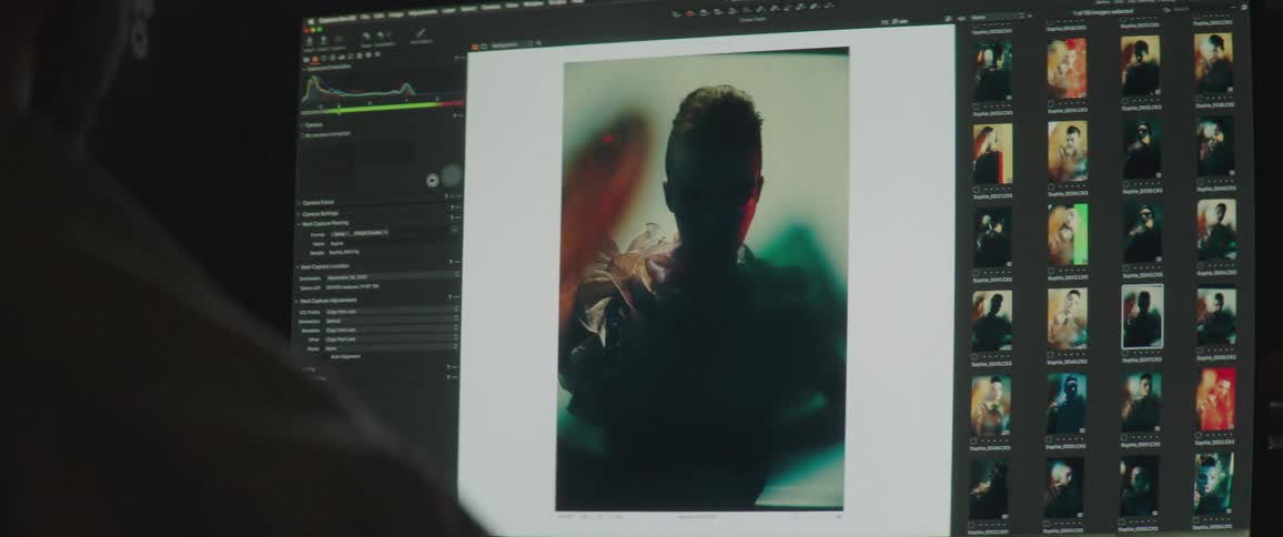 Man looks at photos on a computer monitor