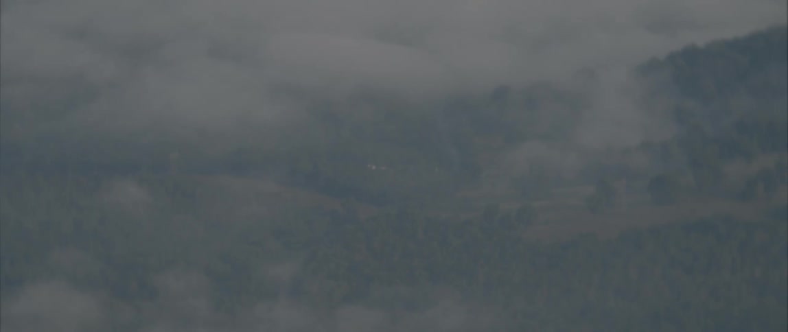 Heavy fog obscures forest and hills