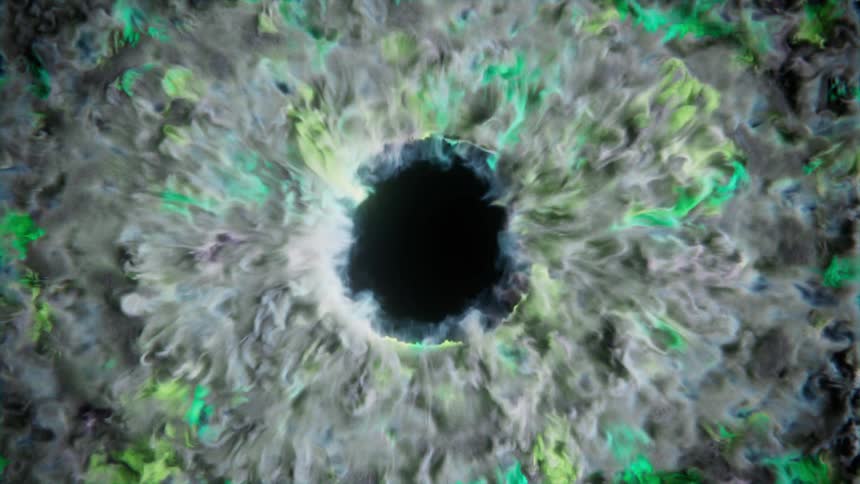 Squiggly green white and yellow lines fall into a dark hole