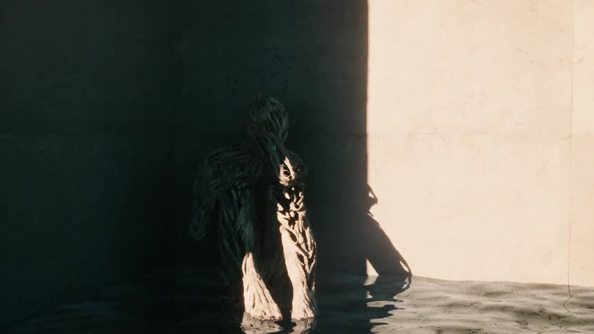 A statue of a person sitting is in the corner as the shadow covers everything