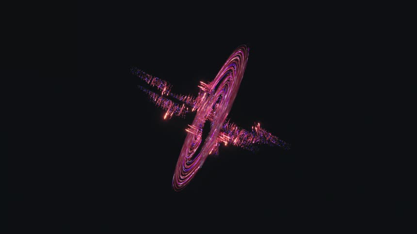 Abstract ring shape appears and spins around on dark background