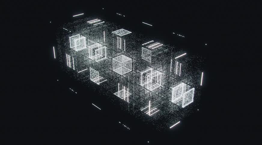 White dots form geometric digital shapes in white against a black background