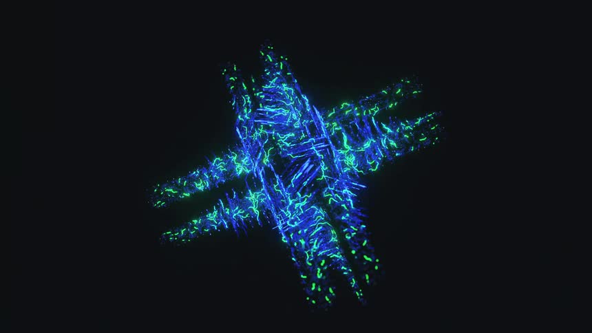 Digital image in blues and greens grows and rotates as tendrils spread against black background