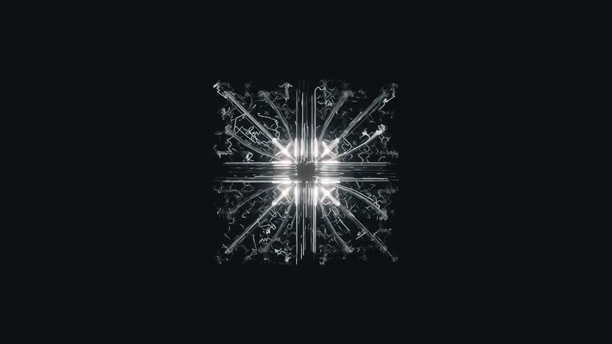 Glowing lights form lines and patterns in a square shape against a black background