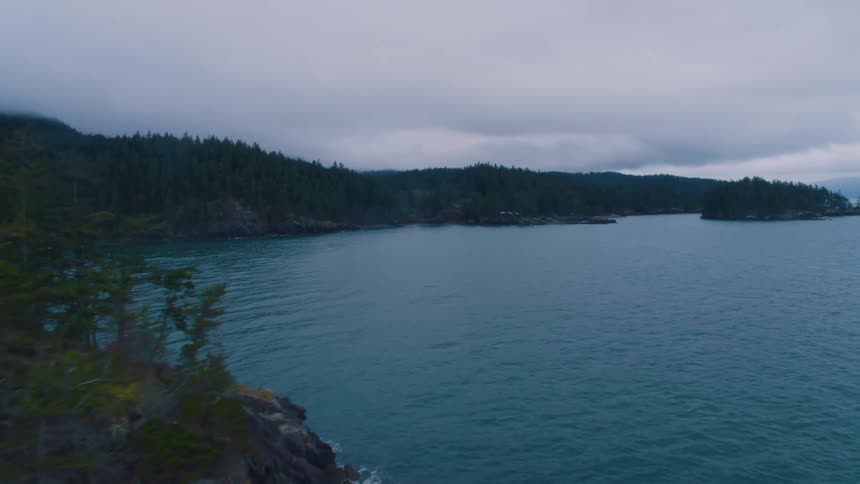 Rocky cliffs that are covered in trees line this coastal area and bay