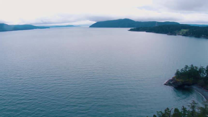 A rocky tree covered coast with rippled water surface on a cloudy day