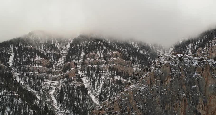 Fog covers higher mountain peaks of forest and snow covered textured mountain range