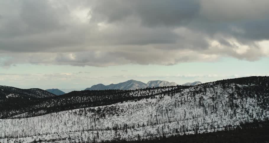 A landscape view of a snow covered mountain range with trees