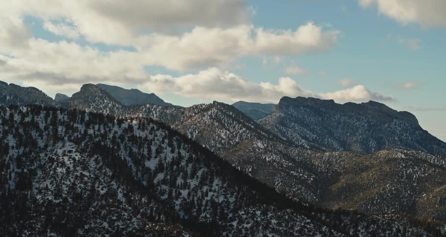 Snow covered mountains lined with pine trees under a cloud filled sky