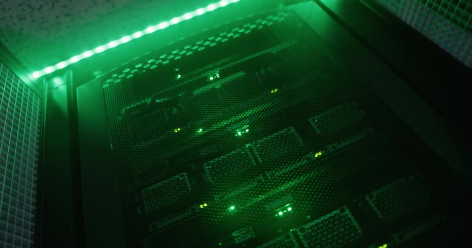 Blue and green blinking led lights on a server room
