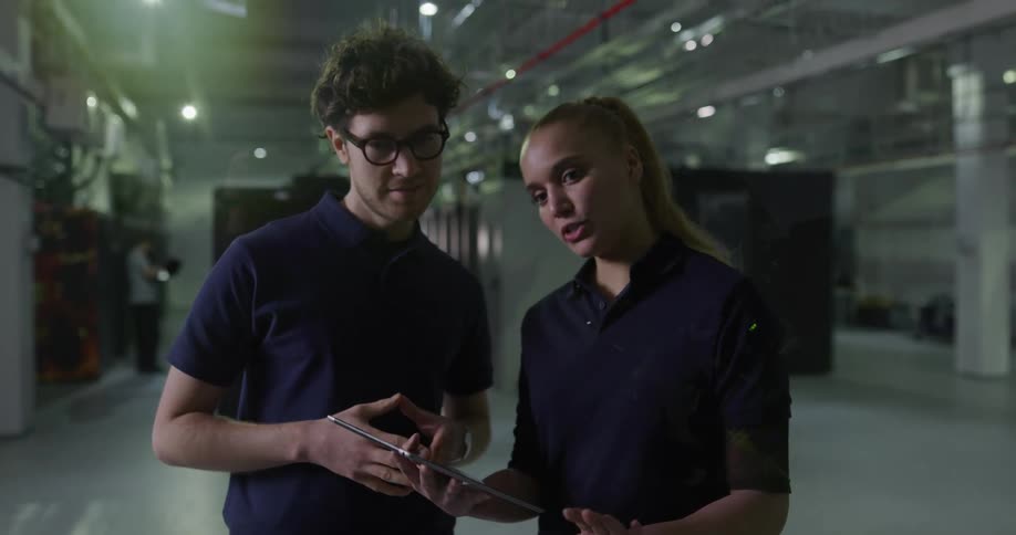 A man and woman discuss work on a tablet in a data center with servers and wires behind them