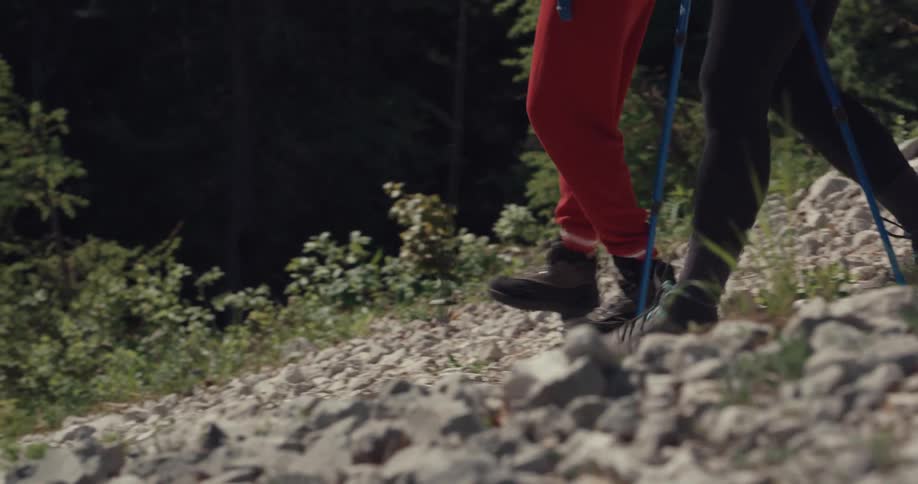 Hikers use poles to aid them in walking down a rocky slope on a sunny day