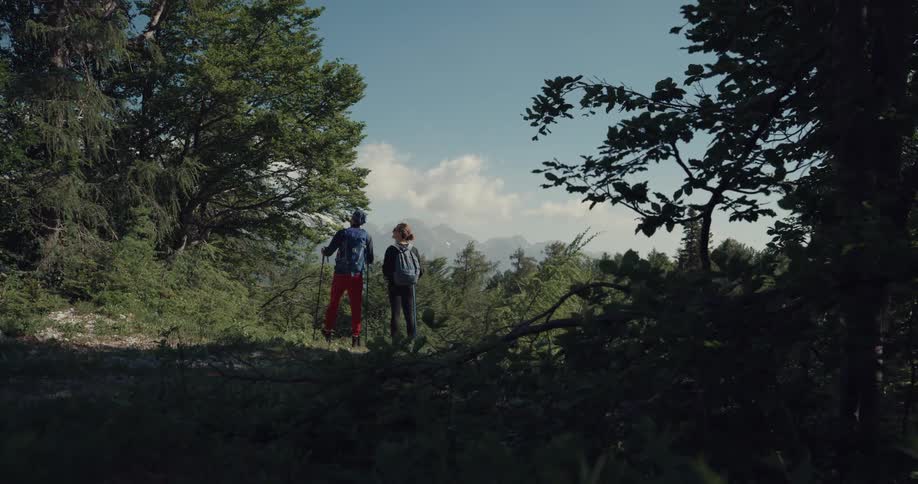 Two people are hiking on a forested hill with hiking poles and backpacks