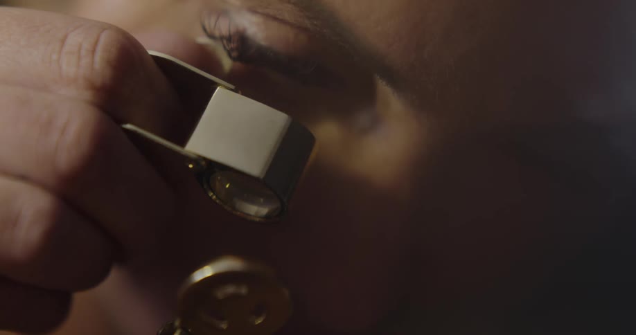 A woman in a room looking at a piece of jewelry through a magnifying glass
