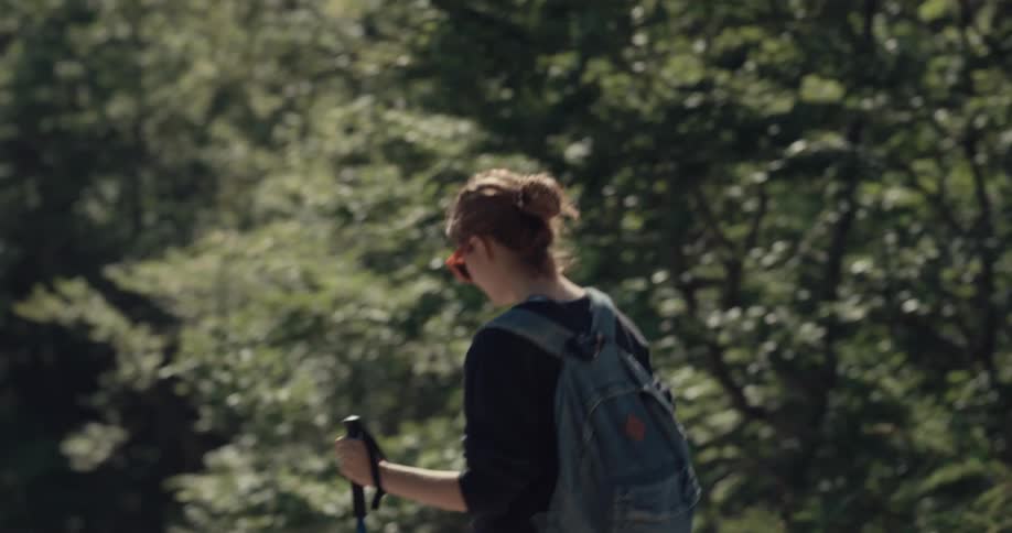 Male and female hikers move through wilderness using walking sticks while moving down slope