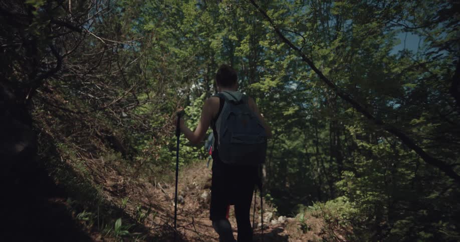 A man and woman in a forest hiking with trees the sky and clouds in the background