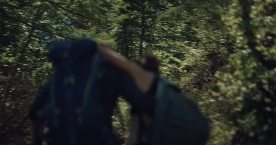 Man helping an injured woman to walk on a trail in the forest