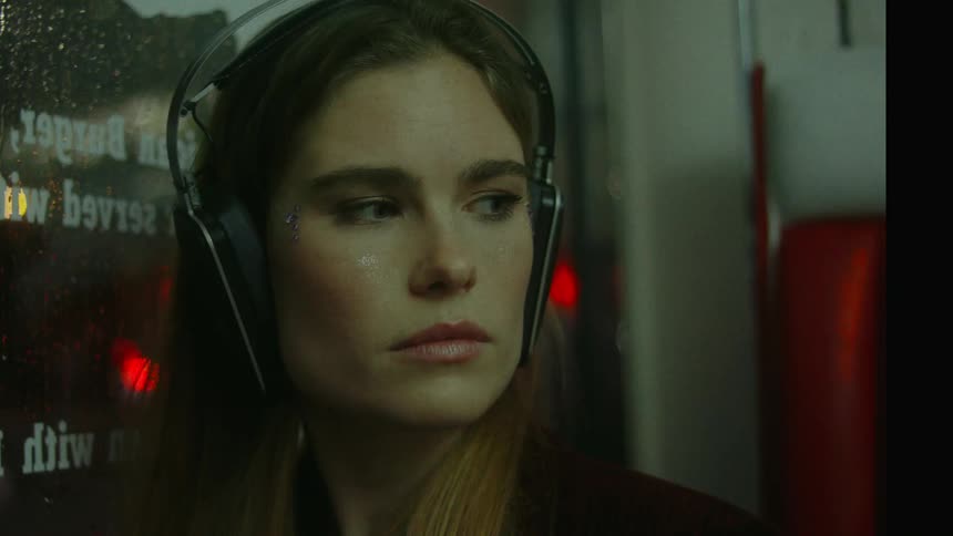 A woman wearing headphones is indoors while positioned next to a window on a rainy night