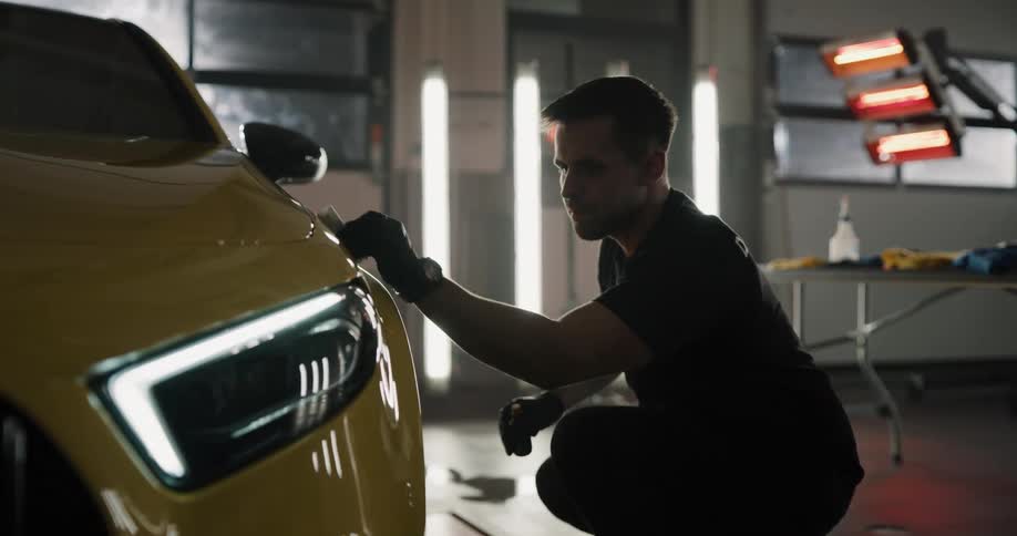 An employee at an auto detailing business pours wax into a white cloth and rubs it onto a yellow coupe