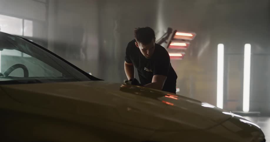 A man polishing the hood of a car in a garage
