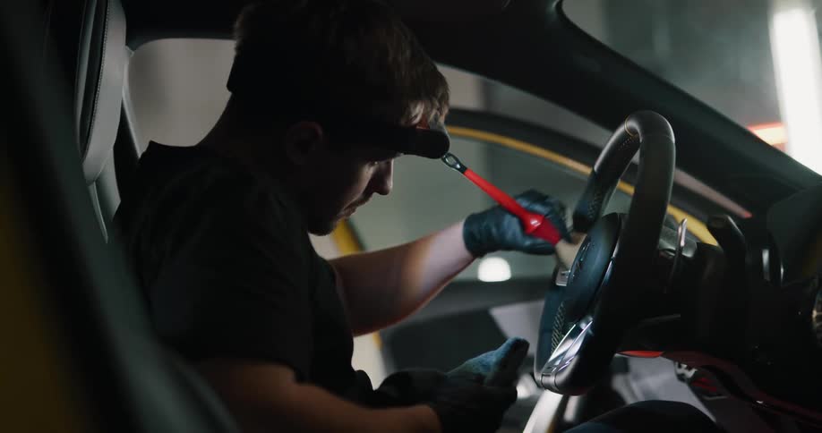 A man cleaning the inside of a car