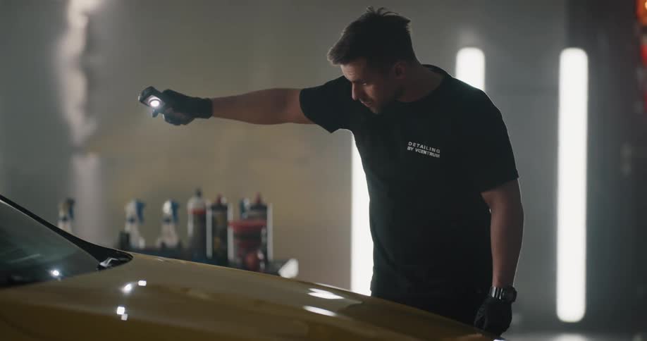 A man with gloves in the garage shining a flashlight on a vehicle