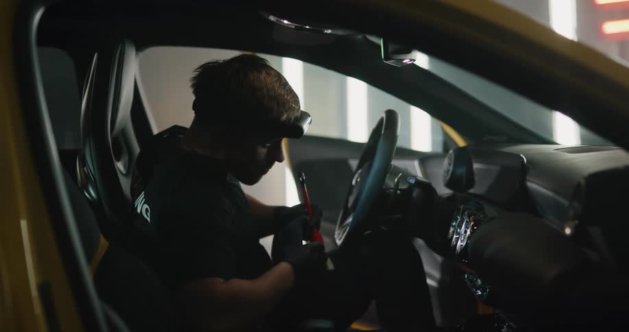 A man wearing gloves and a headlamp gets into a car and uses a brush to clean the dash