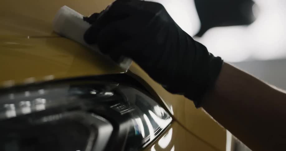 A person with gloves in a garage cleaning a vehicle with a sponge