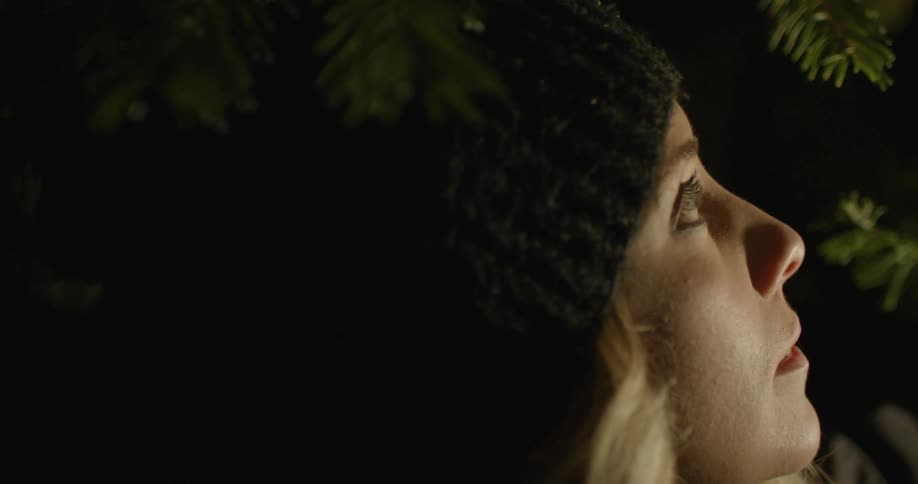 A woman standing under a tree at night looks up towards the tree