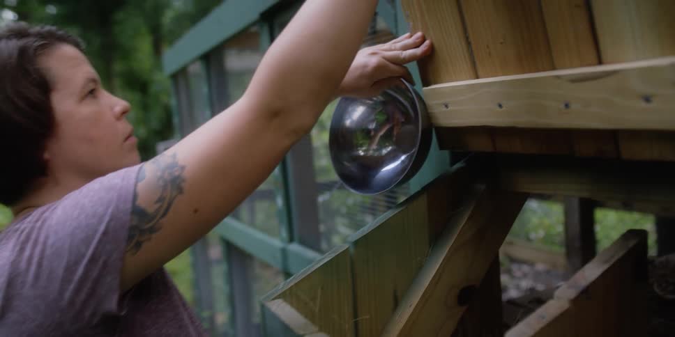 A woman walks lifts a bowl by the fence