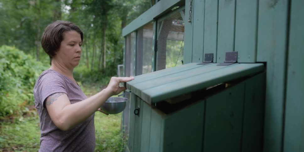 A woman collects eggs from a chicken coop before carrying them away in a bowl