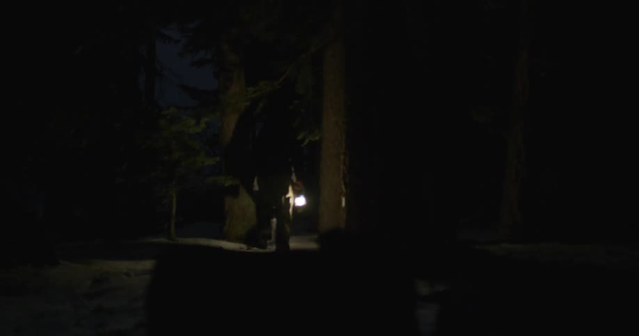 Two people one carrying a lantern walk off into the dark