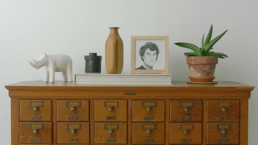 Plant and picture frames are ontop of a dresser