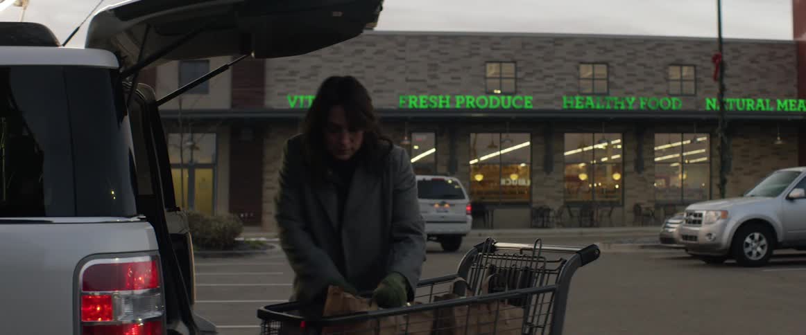 A woman pushing a shopping cart and putting groceries into the back of a vehicle with a building sky and clouds in the background
