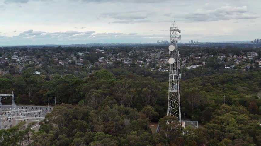 Tower sits in the forest with the city in the distance
