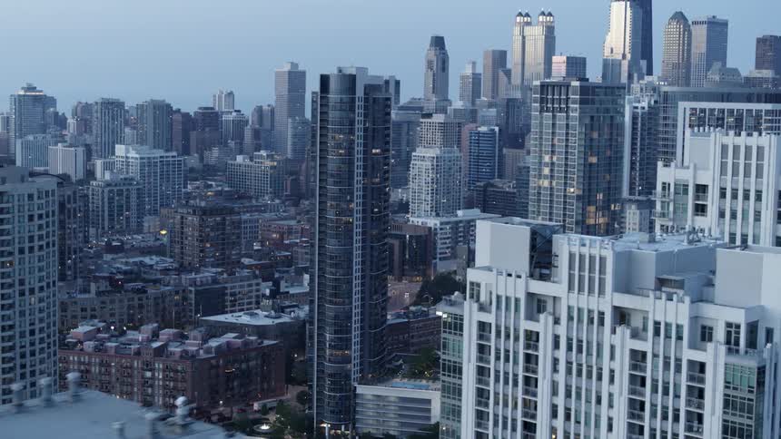 Buildings and skyscrapers sit in the city