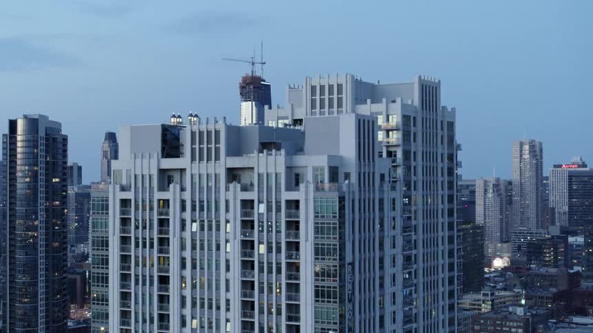 An aerial view of a building in a city