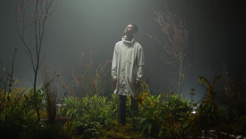 A man is standing outdoors in spring at night
