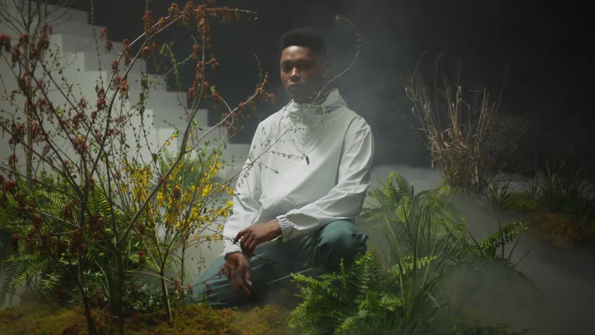 A man sitting indoors in between plants with smoke rising around him and a single white staircase in the background