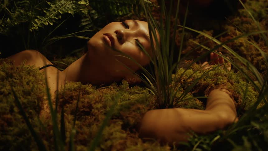 Foliage grows over the body of a woman in the forest