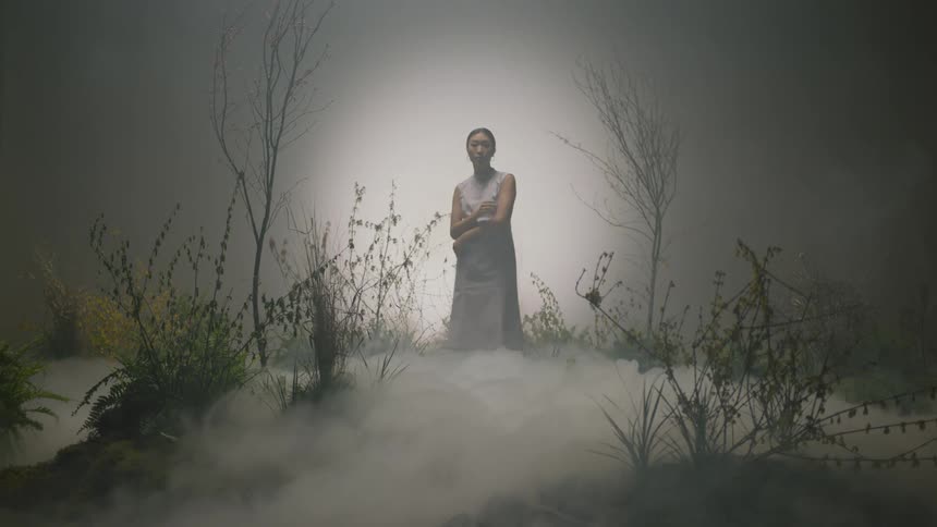 Woman stretches her arms while standing on the mist covered ground