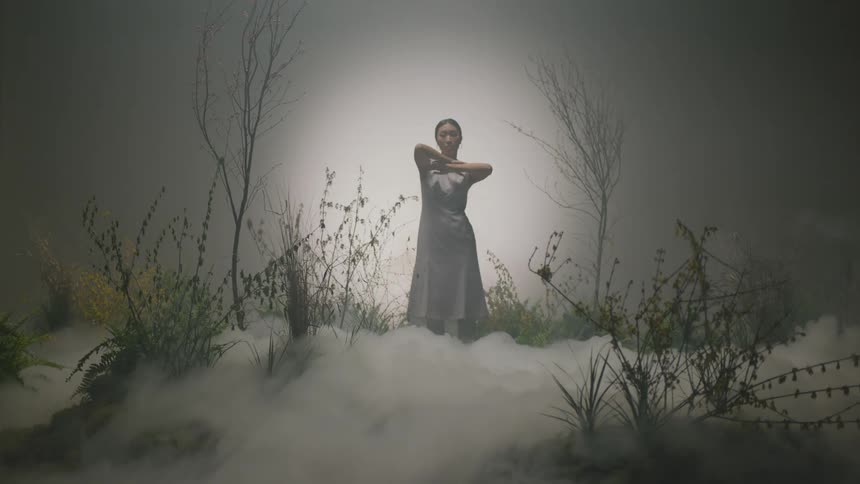 A woman surrounded by plants leaves and fog
