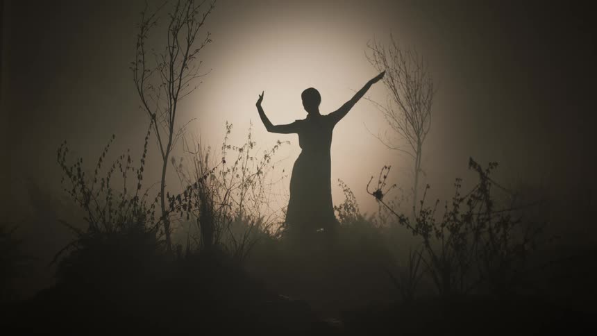 A silhouette of a woman surrounded by plants and trees