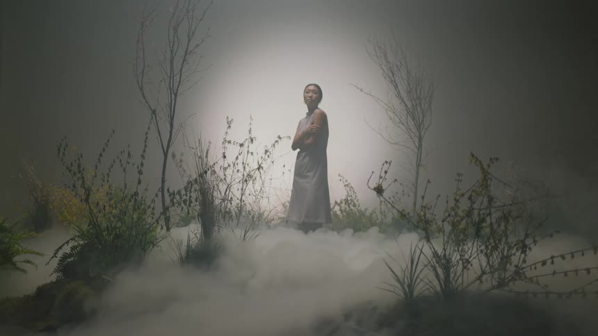 A woman hugs her arms and gazes at the sky before lowering her head to gaze into the camera while standing in a foggy patch of gaze in a misty abstract landscape