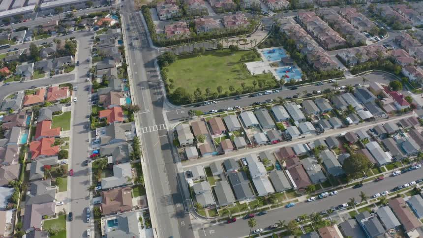 Aerial view of a neighborhood on a small town at daytime